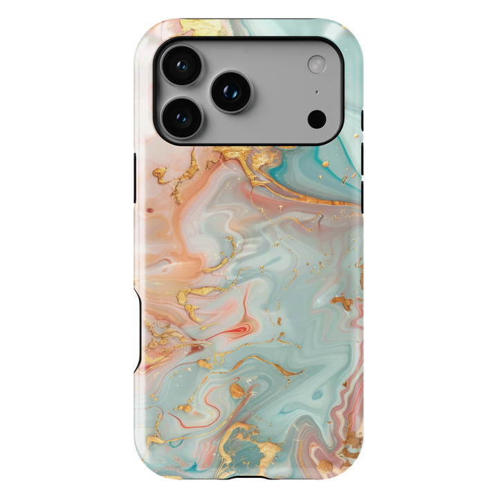 Pastel marble phone case with peach mint and gold abstract swirl design