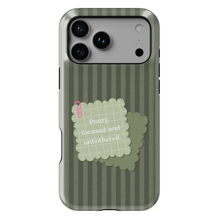 Sage green aesthetic phone case with striped background and minimalist quote saying pretty focused and unbothered on a protective iPhone and Samsung Galaxy phone case for women