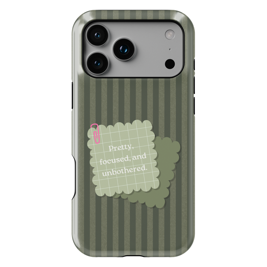 Sage green aesthetic phone case with striped background and minimalist quote saying pretty focused and unbothered on a protective iPhone and Samsung Galaxy phone case for women