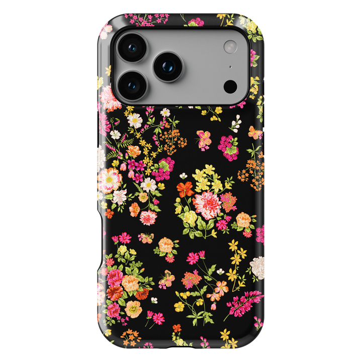 Black floral wildflower iPhone 17 case with colorful botanical flowers aesthetic protective tough case for iPhone 17 Pro Max, iPhone 17 Pro, iPhone 16 Pro Max, iPhone 16 Plus cute garden flower phone cover