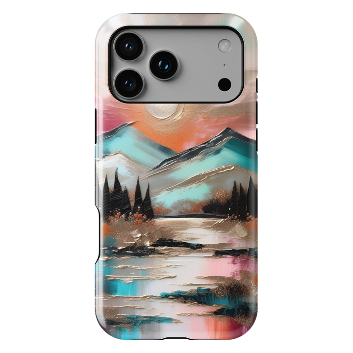 Modern landscape iPhone case featuring turquoise mountains, a reflective lake, and a colorful sunset sky.