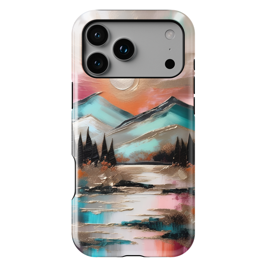 Modern landscape iPhone case featuring turquoise mountains, a reflective lake, and a colorful sunset sky.