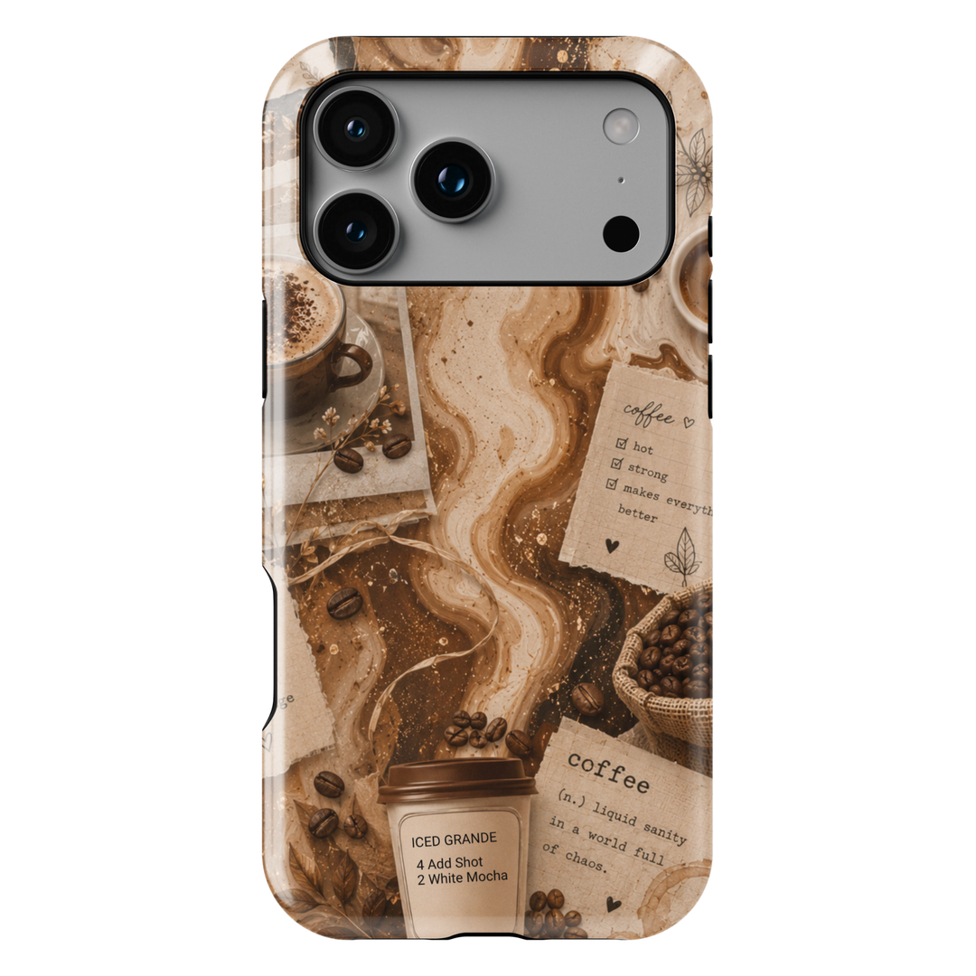 Personalized coffee iPhone 17 Pro Max case featuring custom iced coffee cup, coffee beans, marble swirls, and cozy cafe aesthetic artwork.