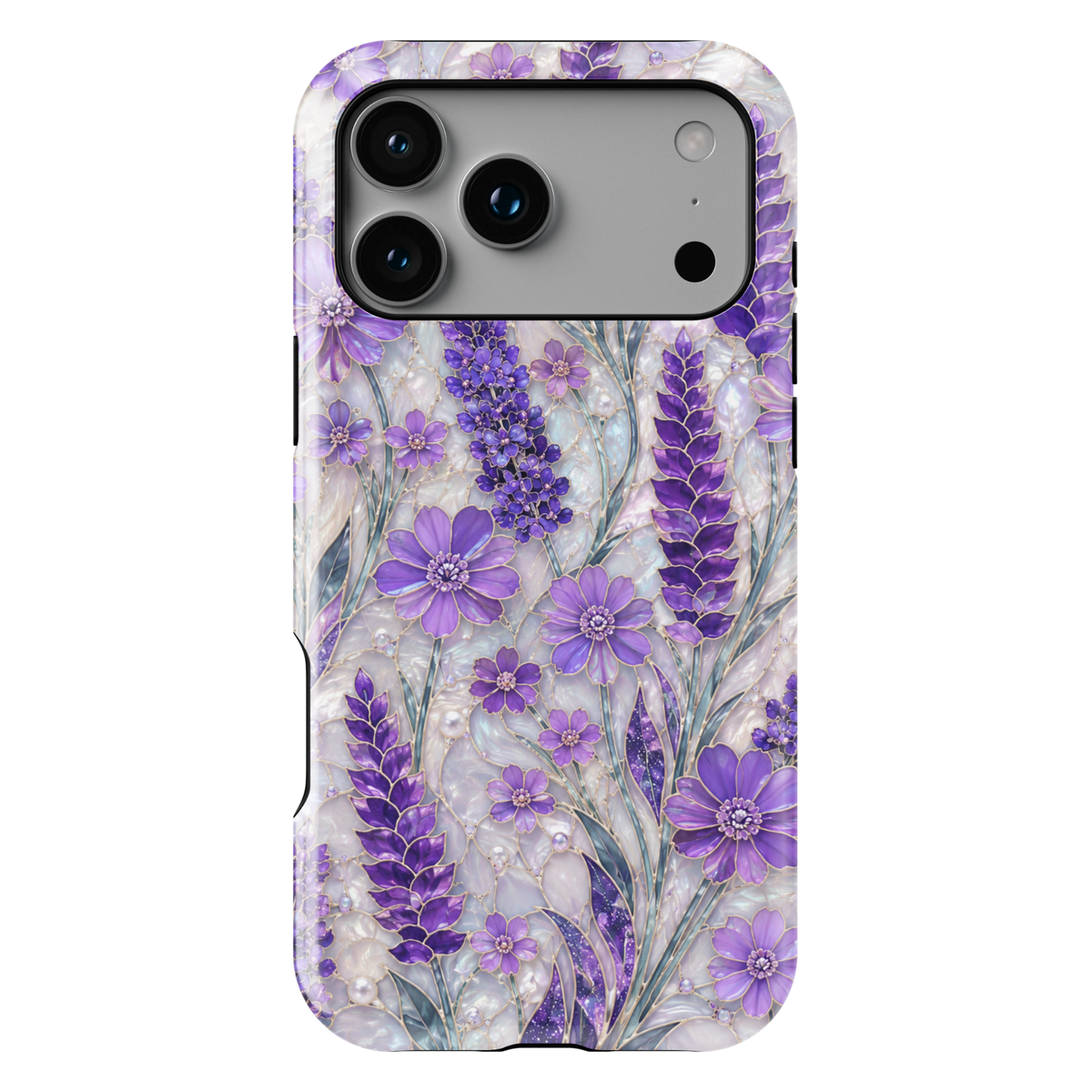 Purple lavender floral iPhone case featuring lilac wildflowers, pearl accents, botanical artwork, and elegant cottagecore aesthetic.