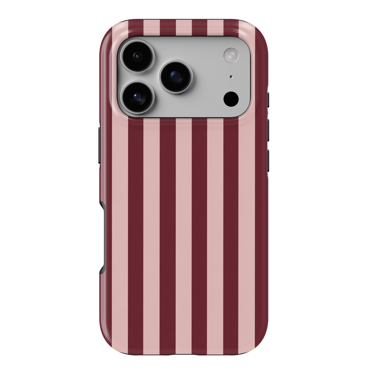 First Class burgundy striped iPhone 18 Pro Max MagSafe case featuring deep burgundy, wine red and muted blush pink vertical stripes, an elegant preppy protective tough iPhone 18 Pro phone case with a minimalist striped design and MagSafe compatibility.