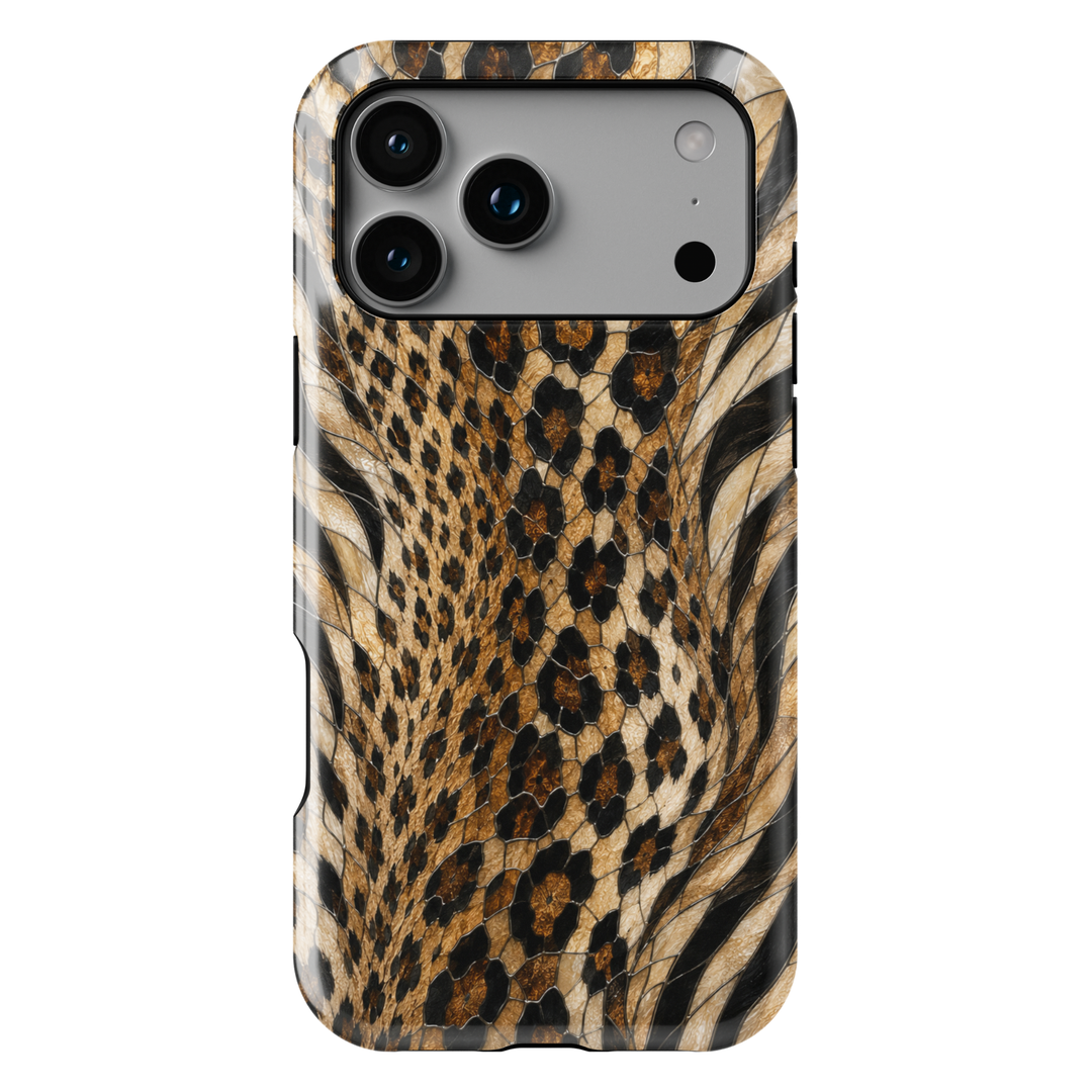 Golden Wild iPhone case with leopard and zebra animal print in black, caramel, cream and golden brown mosaic-inspired details.