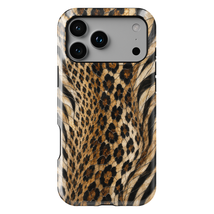 Golden Wild iPhone case with leopard and zebra animal print in black, caramel, cream and golden brown mosaic-inspired details.
