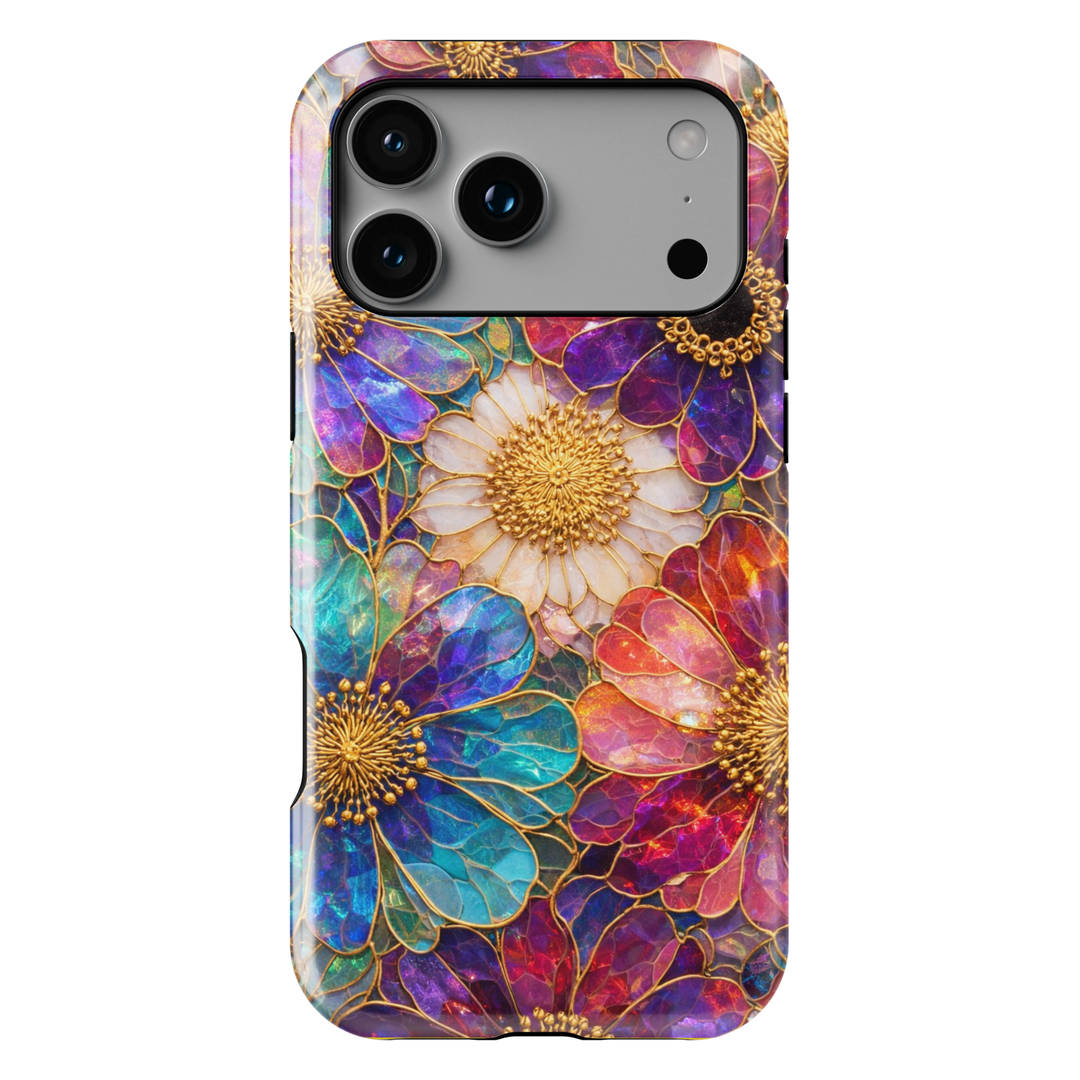 Luxury stained glass floral phone case with colorful petals and gold detailing on a protective iPhone and Samsung Galaxy phone case for women
