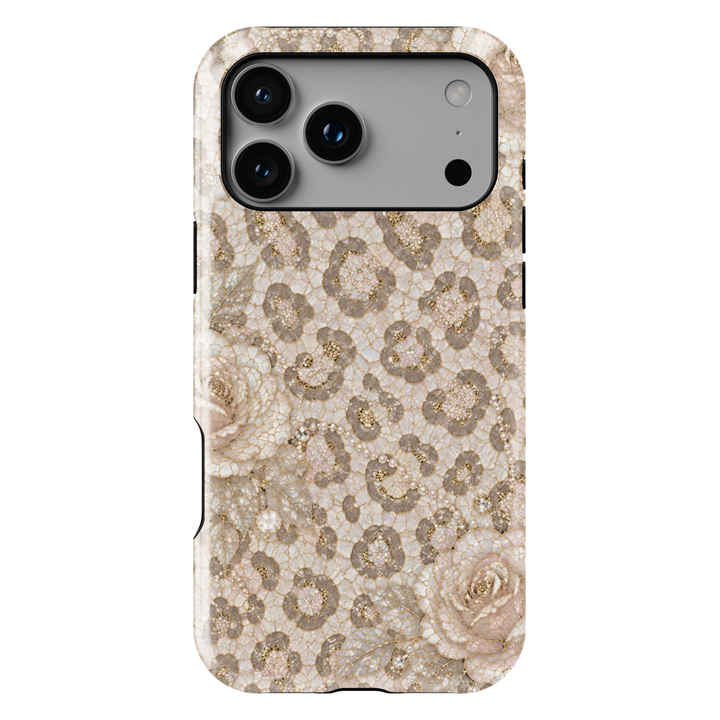 Luxury iPhone case featuring pearl snow leopard print, ivory roses, champagne gold accents, and elegant neutral mosaic artwork.