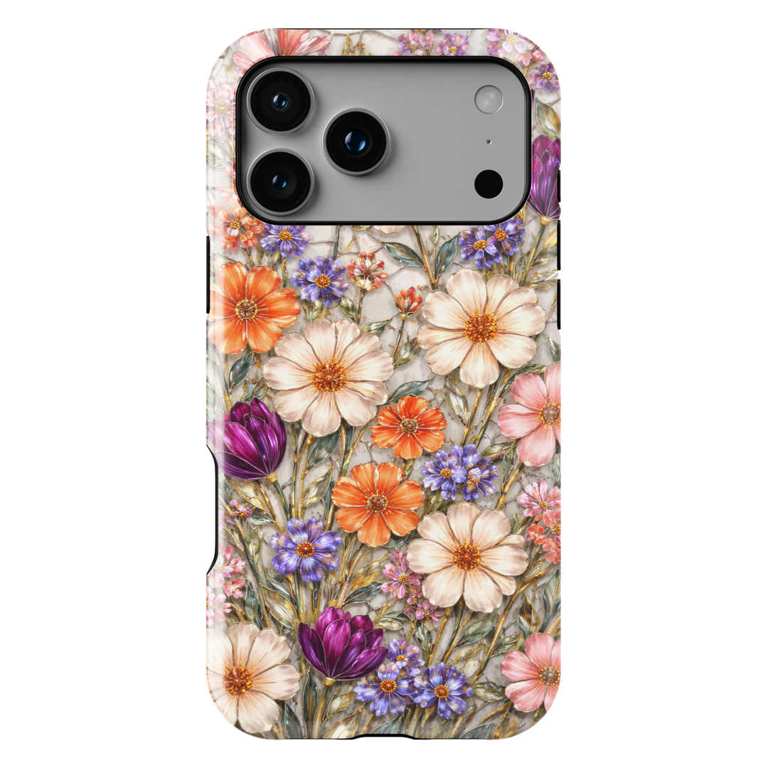 Elegant floral phone case with vintage garden flowers in pink, orange, and purple for iPhone 17 Pro Max and Samsung Galaxy S26 Ultra.