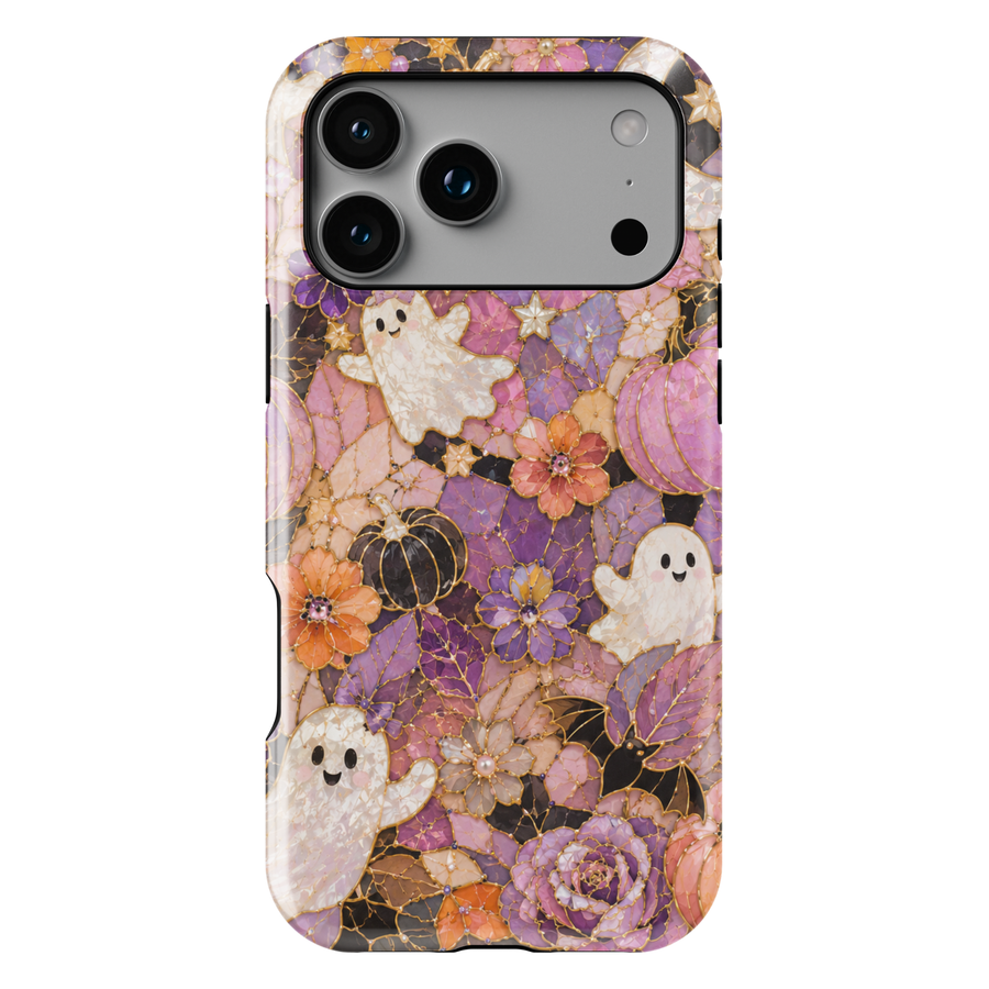 Floral Halloween iPhone case with pearl ghosts, bats, pumpkins, crescent moon and purple pink orange stained glass flowers.