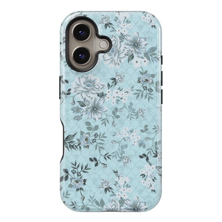 Aesthetic Light Blue Floral iPhone Case with Vintage White Flowers – Protective Tough Cover for iPhone 15 Pro Max, iPhone 14, iPhone 13
