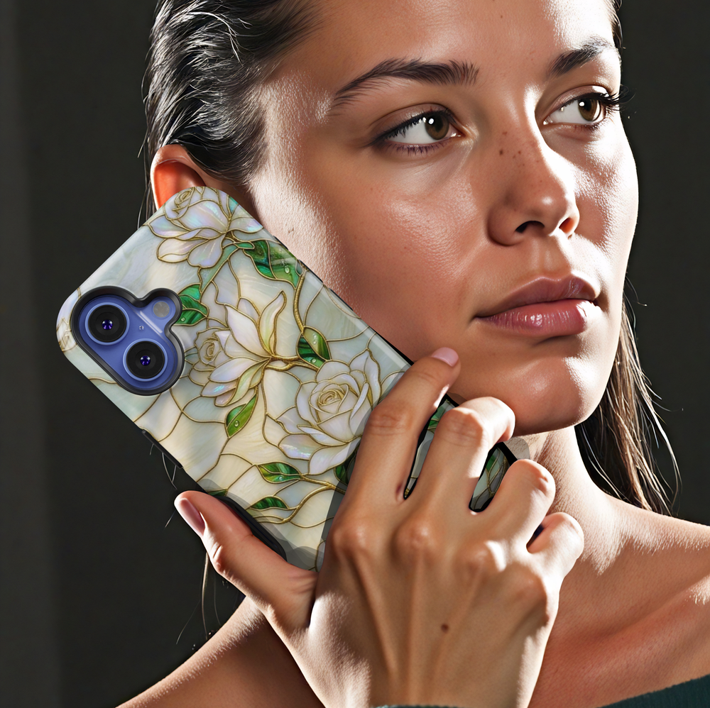 Ivory floral iPhone 17 Pro Max case with pearl background and gold outlined roses, aesthetic MagSafe tough case.