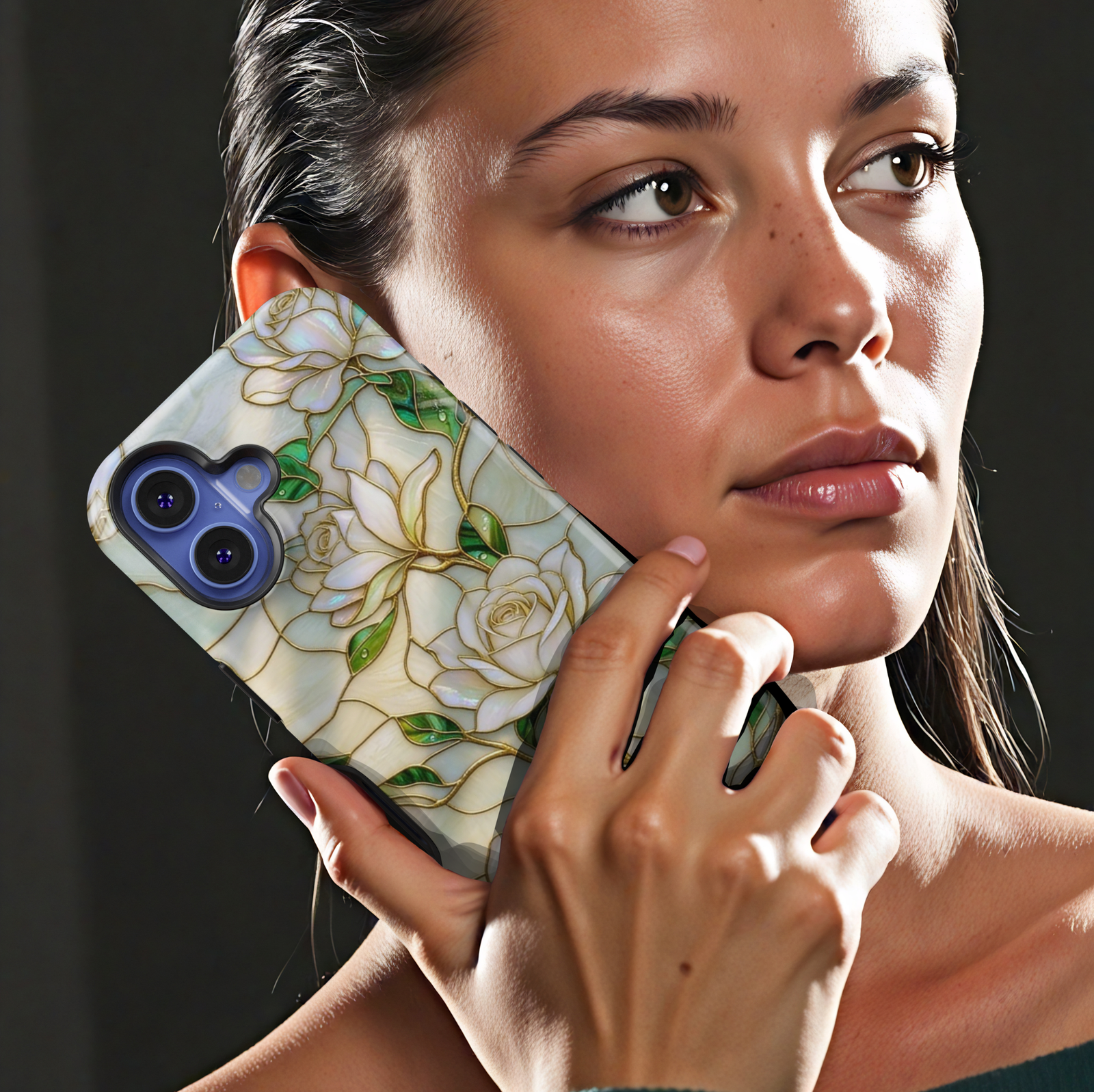 Ivory floral iPhone 17 Pro Max case with pearl background and gold outlined roses, aesthetic MagSafe tough case.