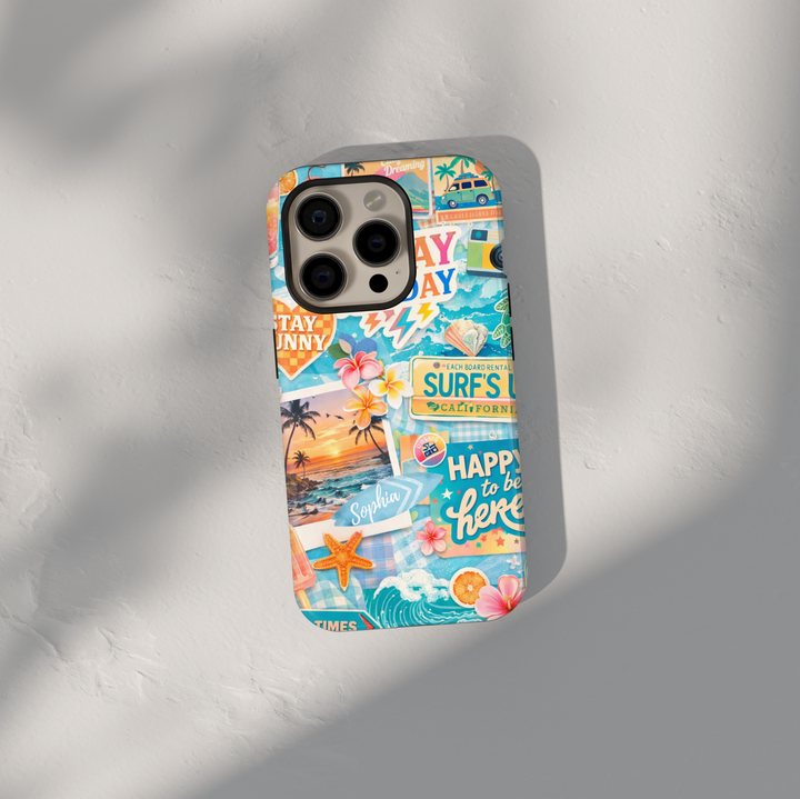 California summer beach collage phone case with sunset, palm trees, and ocean waves for iPhone 17 Pro Max and Samsung Galaxy S26 Ultra.