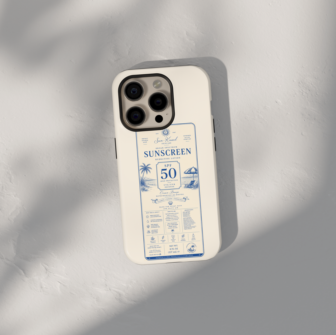 Vintage sunscreen label iPhone case featuring SPF 50 beach-inspired artwork with coastal scenery, palm trees, and retro summer aesthetics.