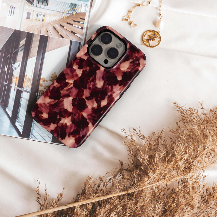 Bordeaux Tortoise iPhone 18 Pro Max MagSafe case featuring a glossy tortoiseshell pattern in deep Bordeaux, burgundy, merlot, wine red, dusty rose and blush, a luxurious feminine tough iPhone 18 Pro phone case with MagSafe compatibility.