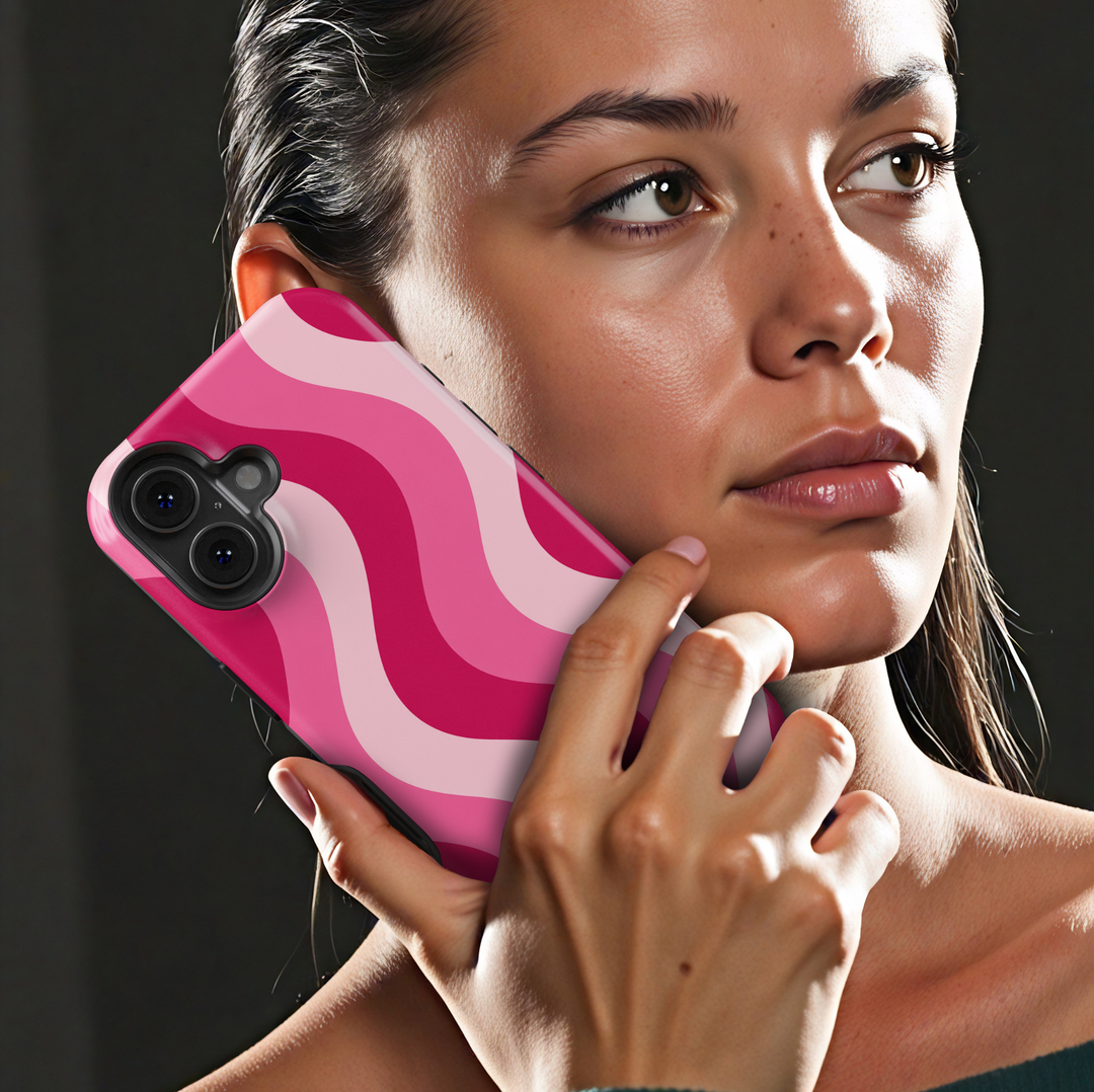 Pink Current hot pink iPhone 18 Pro Max MagSafe case featuring flowing wavy stripes in hot pink, bubblegum pink and soft blush, a cute feminine protective tough iPhone 18 Pro phone case with a retro aesthetic swirl pattern and MagSafe compatibility.