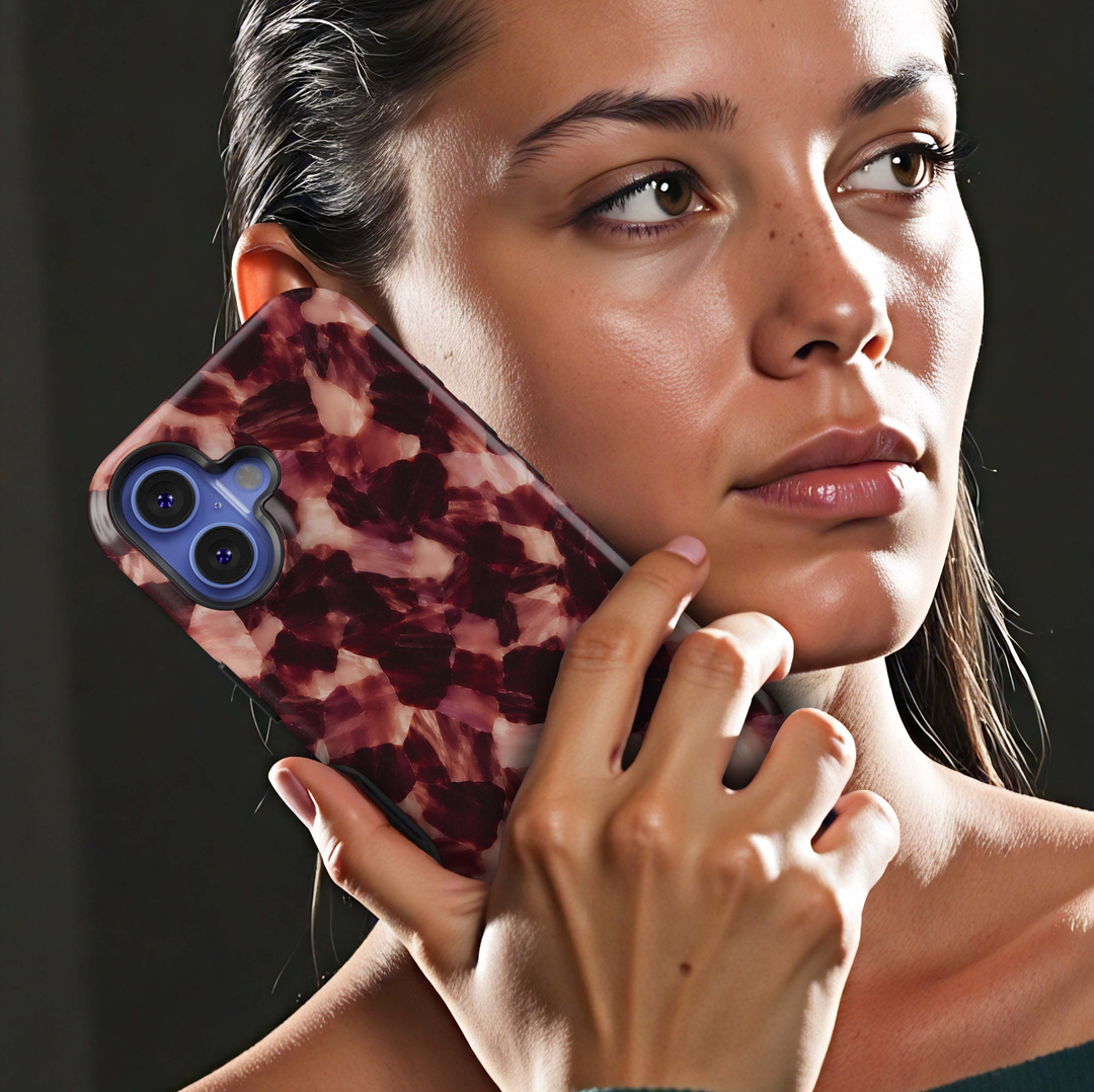 Bordeaux Tortoise iPhone 18 Pro Max MagSafe case featuring a glossy tortoiseshell pattern in deep Bordeaux, burgundy, merlot, wine red, dusty rose and blush, a luxurious feminine tough iPhone 18 Pro phone case with MagSafe compatibility.