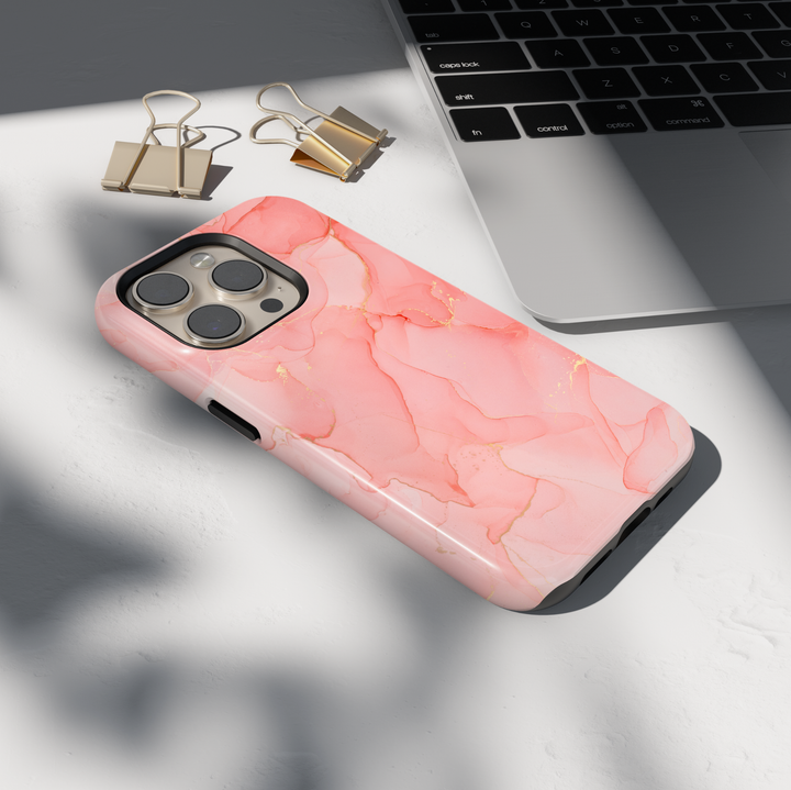 Personalized Pink marble phone case with gold accents and custom name design