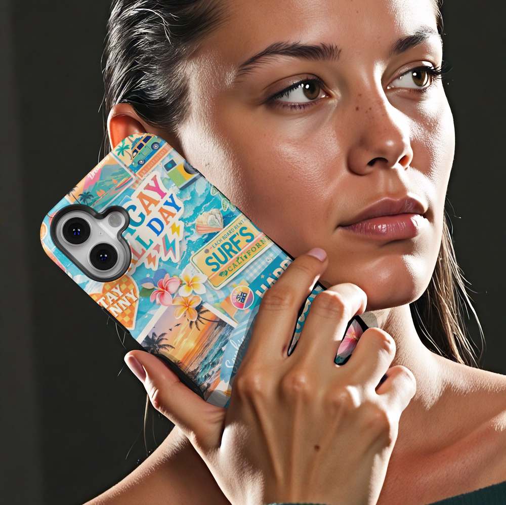 California summer beach collage phone case with sunset, palm trees, and ocean waves for iPhone 17 Pro Max and Samsung Galaxy S26 Ultra.