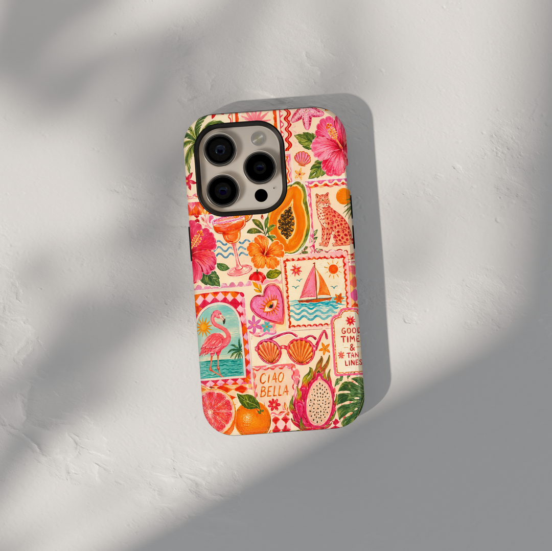 Tropical iPhone 17 Pro Max case featuring flamingos, citrus fruits, hibiscus flowers, sailboats, dragon fruit, and pink summer collage artwork.