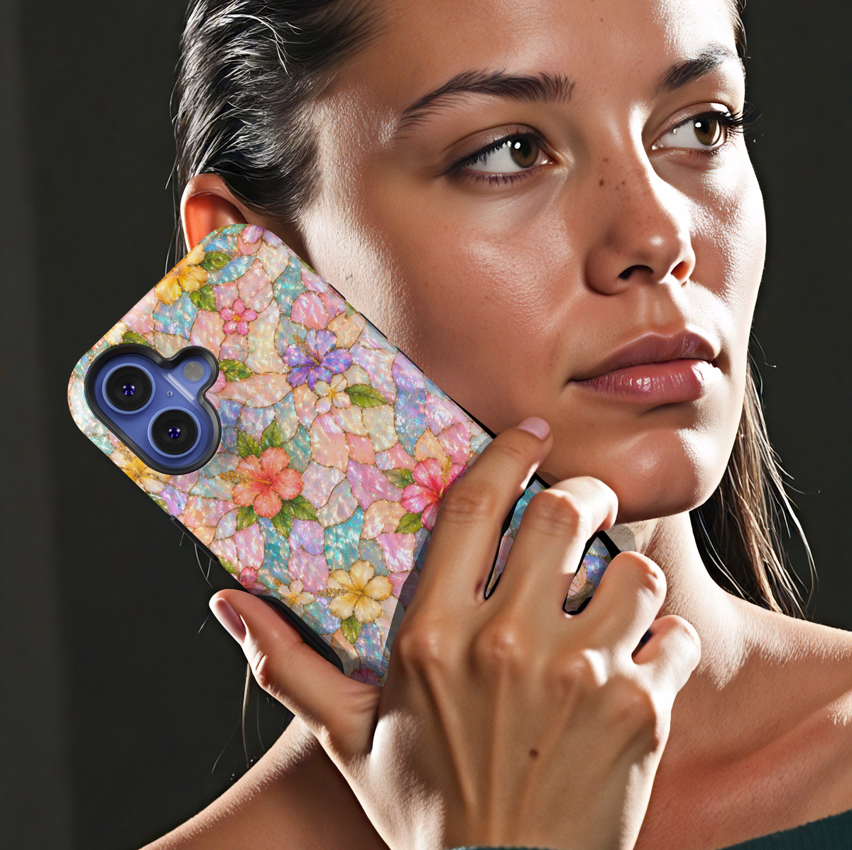 Pastel floral iPhone 17 Pro Max case with iridescent mosaic pattern and colorful flowers, aesthetic MagSafe tough case.