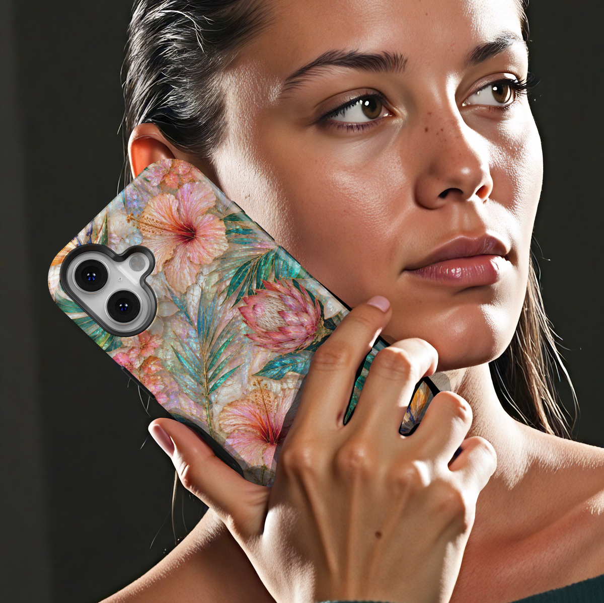 Tropical floral iPhone 17 Pro Max case featuring hibiscus flowers, protea blooms, bird of paradise, and teal botanical leaves.