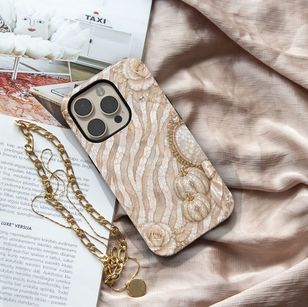 Luxury iPhone case featuring pearl zebra stripes, ivory roses, champagne pumpkins, bows, and elegant mosaic artwork.