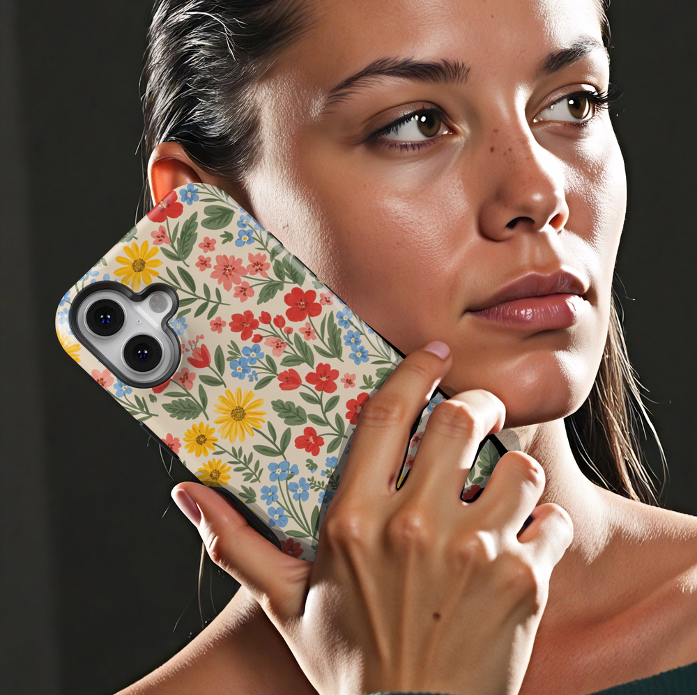 Colorful wildflower iPhone 17 case with red yellow and blue meadow flowers on soft cream background protective tough case for iPhone 17 Pro Max, iPhone 17 Pro, iPhone 16 Pro Max, iPhone 16 Plus