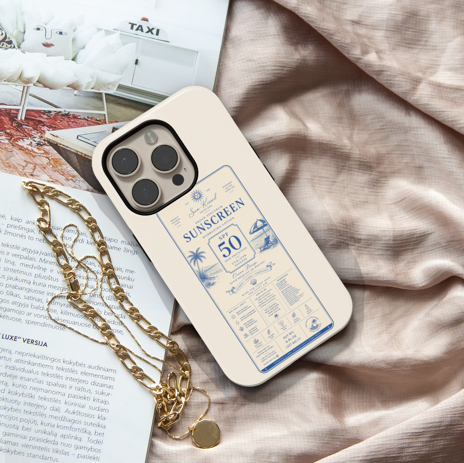 Vintage sunscreen label iPhone case featuring SPF 50 beach-inspired artwork with coastal scenery, palm trees, and retro summer aesthetics.