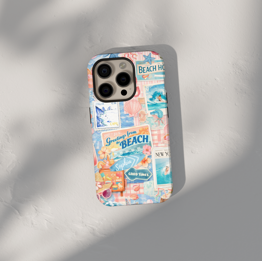 Beach aesthetic collage phone case with ocean, palm trees, and summer elements for iPhone 17 Pro Max and Samsung Galaxy S26 Ultra.