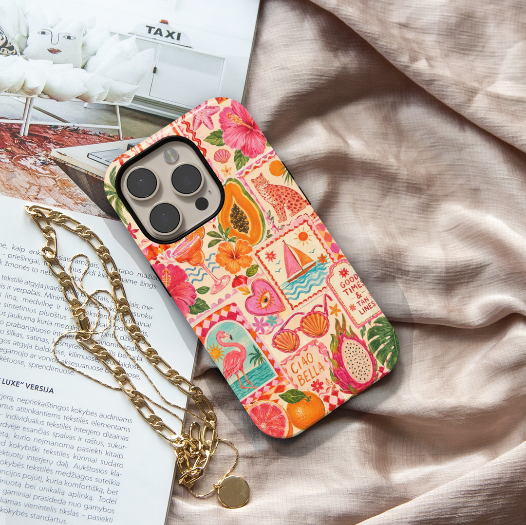 Tropical iPhone 17 Pro Max case featuring flamingos, citrus fruits, hibiscus flowers, sailboats, dragon fruit, and pink summer collage artwork.