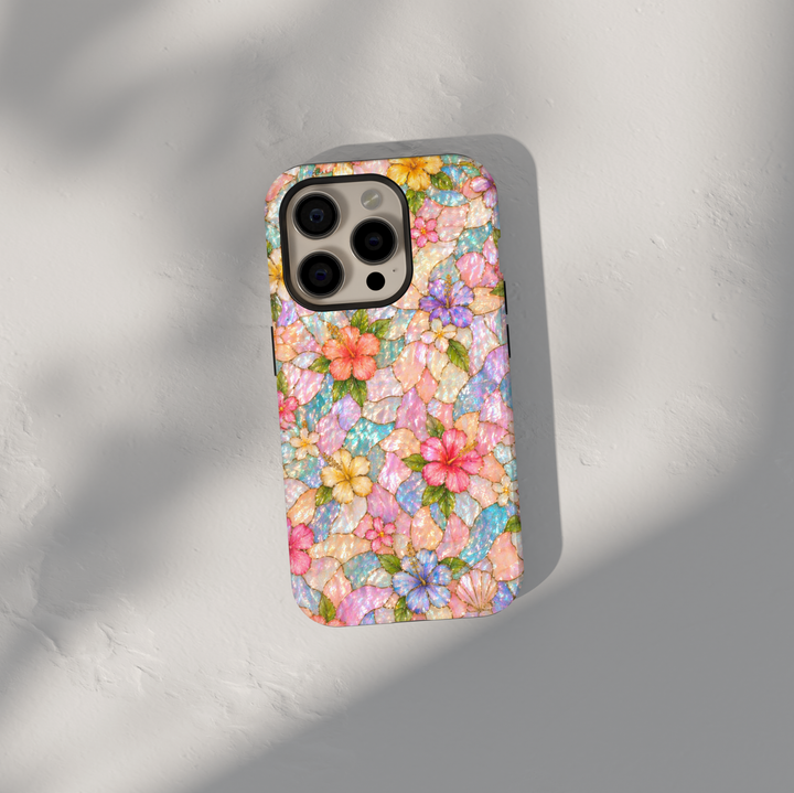 Pastel floral iPhone 17 Pro Max case with iridescent mosaic pattern and colorful flowers, aesthetic MagSafe tough case.