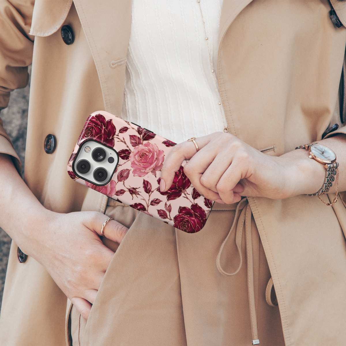 Secret Admirer burgundy rose iPhone 18 Pro Max MagSafe case featuring large blush pink and deep wine-red roses, burgundy leaves and delicate gold-toned floral outlines on a pale blush background, an elegant romantic tough iPhone 18 Pro floral phone case with feminine luxury aesthetic and MagSafe compatibility.