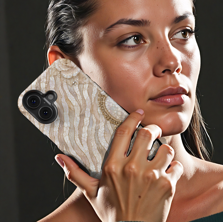 Luxury iPhone case featuring pearl zebra stripes, ivory roses, champagne pumpkins, bows, and elegant mosaic artwork.