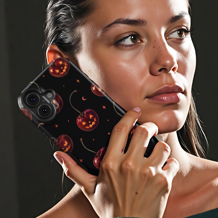 Black Halloween iPhone case with cherry red jack-o-lantern pumpkins, glowing faces, crescent moons and stars.