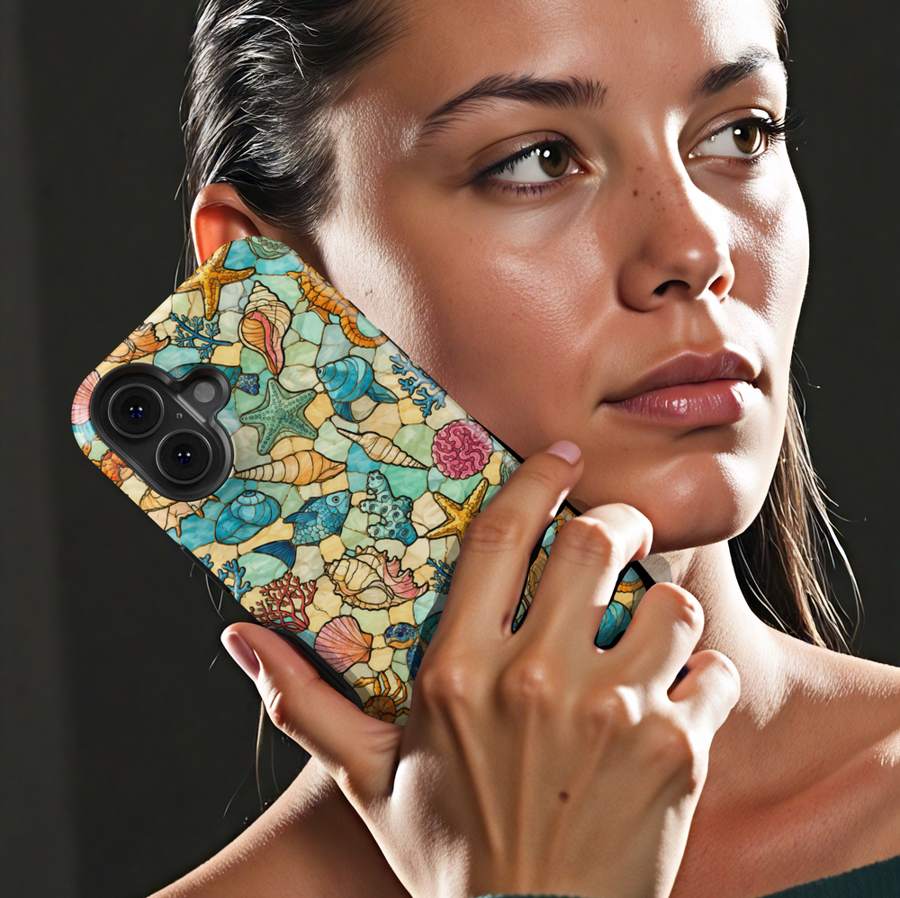 Sea life iPhone case featuring sea turtles, starfish, seashells, tropical fish, coral, and coastal stained glass artwork.