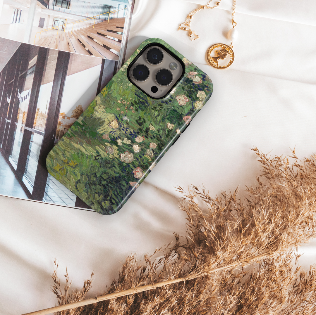 Green vintage floral iPhone tough case with soft painterly garden flowers and textured brushstroke design