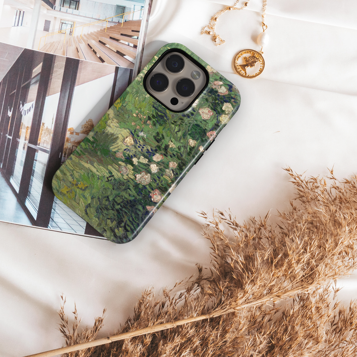 Green vintage floral iPhone tough case with soft painterly garden flowers and textured brushstroke design