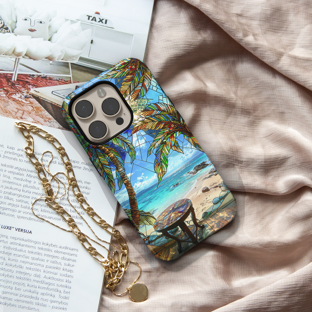 Tropical beach stained glass phone case with palm trees ocean view and coastal scenery on a protective iPhone and Samsung Galaxy phone case