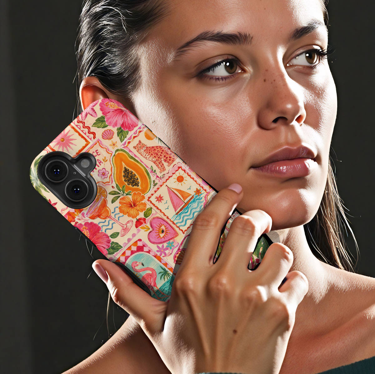 Tropical iPhone 17 Pro Max case featuring flamingos, citrus fruits, hibiscus flowers, sailboats, dragon fruit, and pink summer collage artwork.