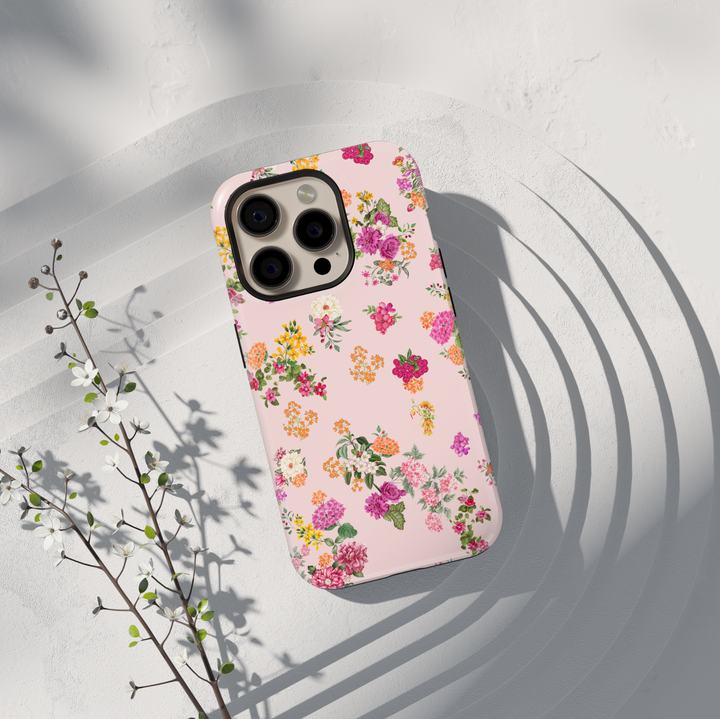 Soft pink floral iPhone 17 case with vintage blossom pattern on blush background protective tough case for iPhone 17 Pro Max, iPhone 17 Pro, iPhone 16 Pro Max, iPhone 16 Plus
