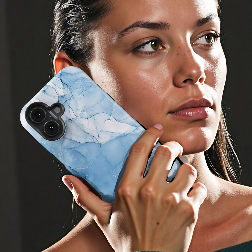 Personalized blue marble phone case with gold accents and custom name design