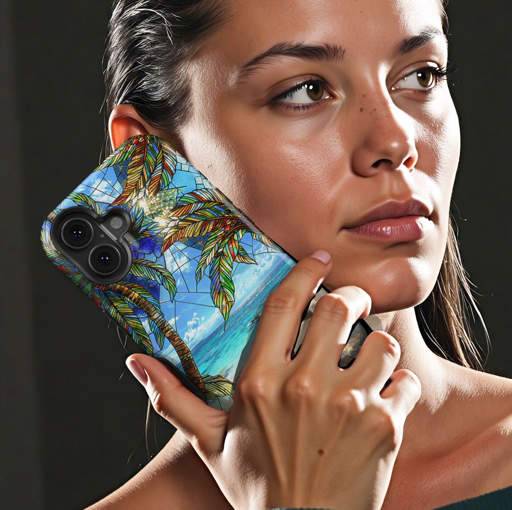 Tropical beach stained glass phone case with palm trees ocean view and coastal scenery on a protective iPhone and Samsung Galaxy phone case