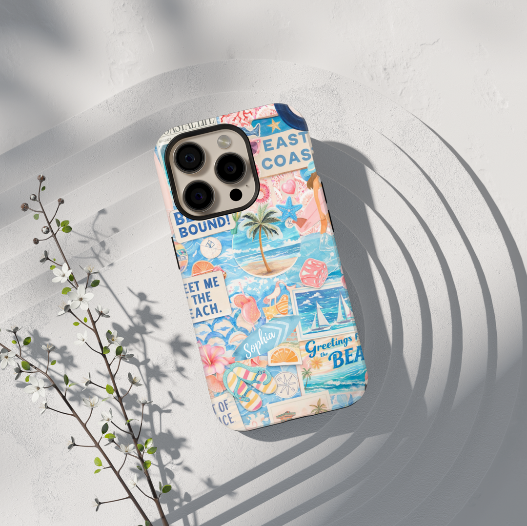 Beach aesthetic collage phone case with ocean, palm trees, and summer elements for iPhone 17 Pro Max and Samsung Galaxy S26 Ultra.