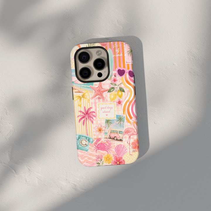 Pink tropical iPhone 17 Pro Max case featuring flamingos, palm trees, beach scenes, shells, lemons, and retro summer collage artwork.