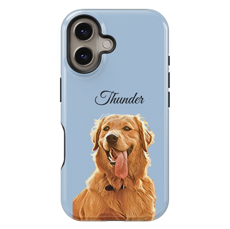Personalized custom pet phone case with dog portrait – pink iPhone case featuring a cute puppy illustration and custom name Ideal gift for dog moms and pet lovers. Protective and stylish custom phone cover for pet owners