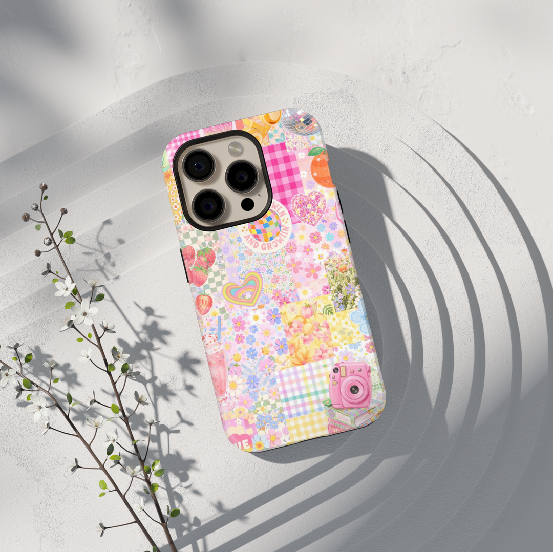 Cute pastel collage iPhone 17 case with retro flowers rainbow hearts strawberries and aesthetic patchwork protective tough case for iPhone 17 Pro Max, iPhone 17 Pro, iPhone 16 Pro Max, iPhone 16 Plus