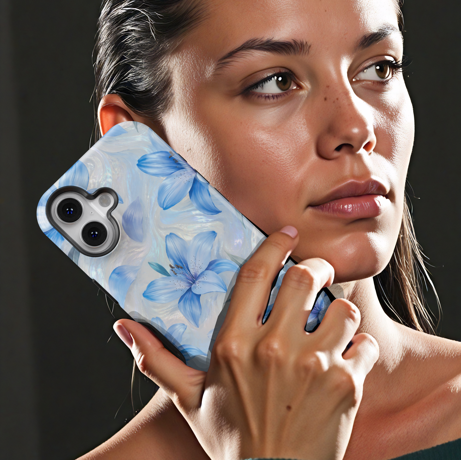 Elegant blue lily Samsung Galaxy phone case with pearl-inspired floral artwork and soft botanical details.